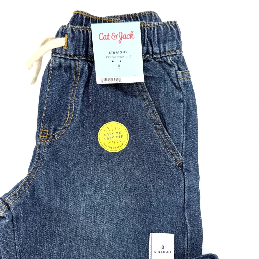 Cat‎ & Jack Straight Jeans Girls Size 8 Dark Wash NEW Flexible Drawstring Denim